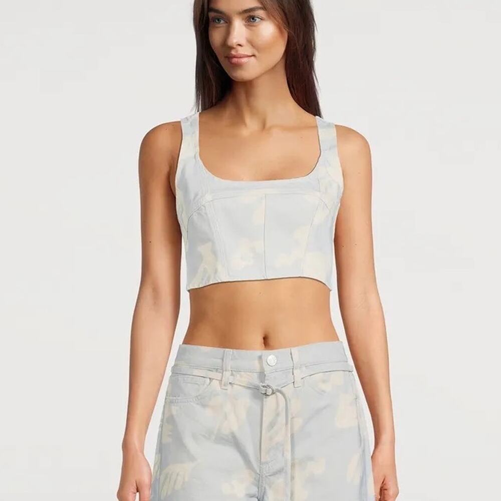 Frame Denim Seamed Bustier Crop Tank Top Size S Blue White Corset Geometric